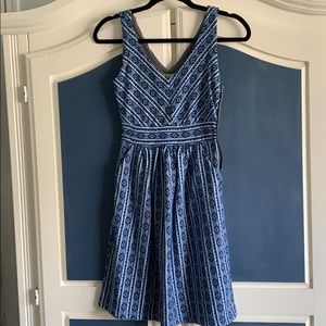 Black, white, blue patterned dress